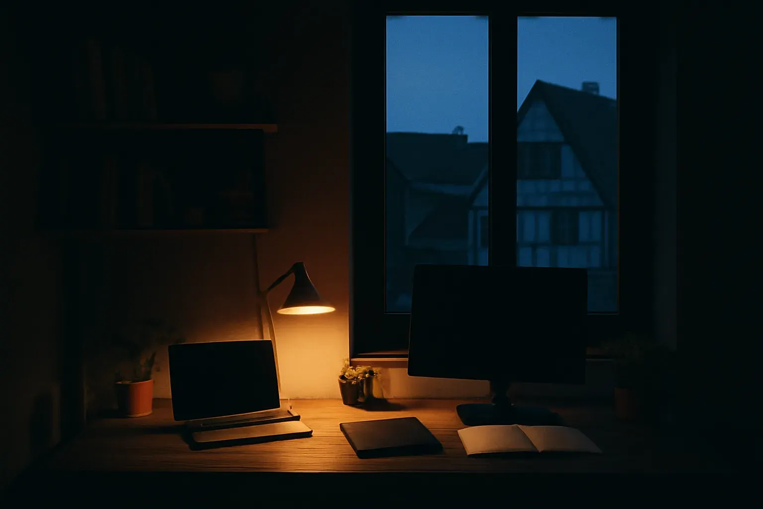 A quiet studio desk at night with a laptop, a notebook and one lamp.
