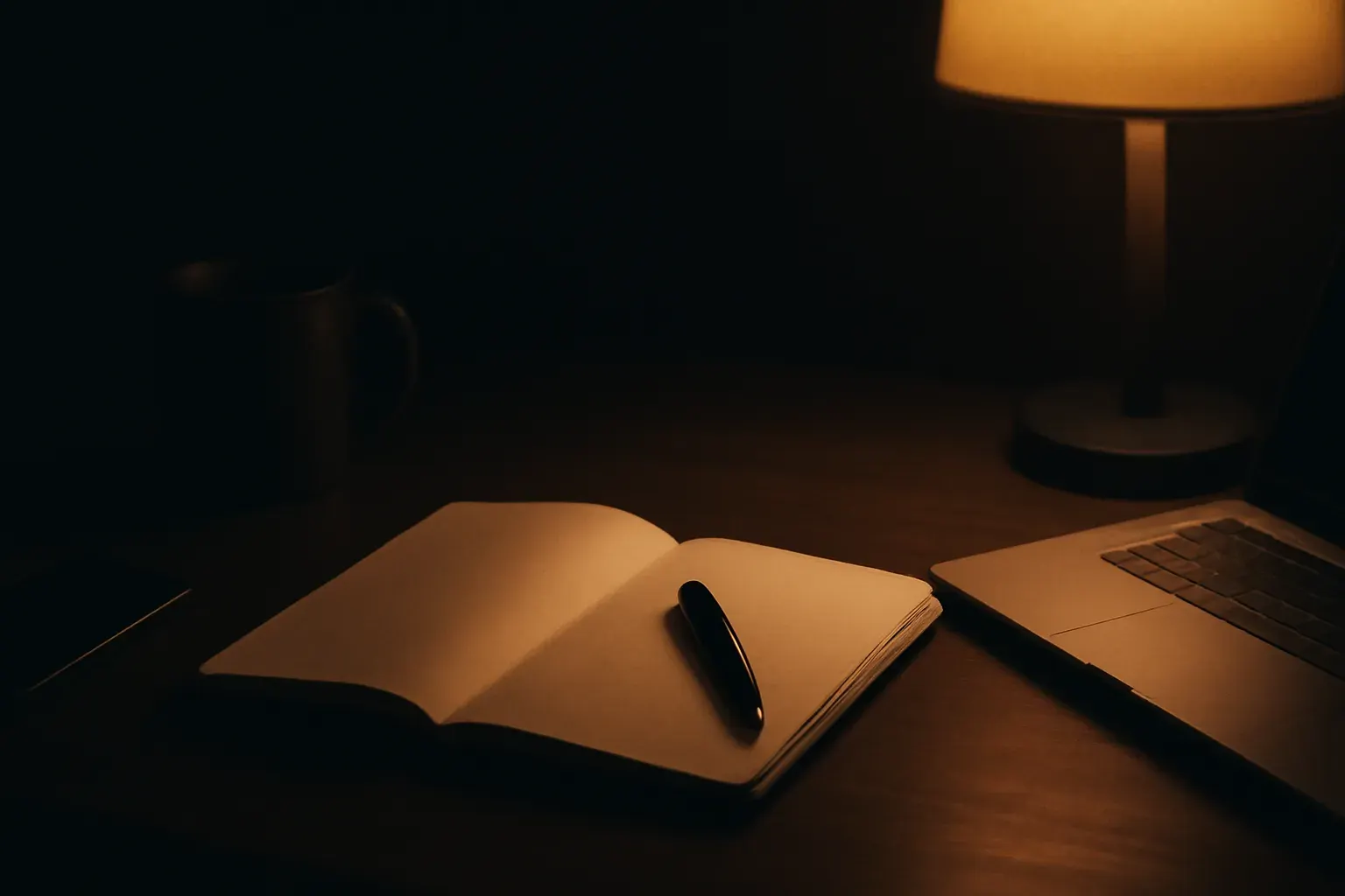 A workbench with a laptop, notebook and a warm lamp.