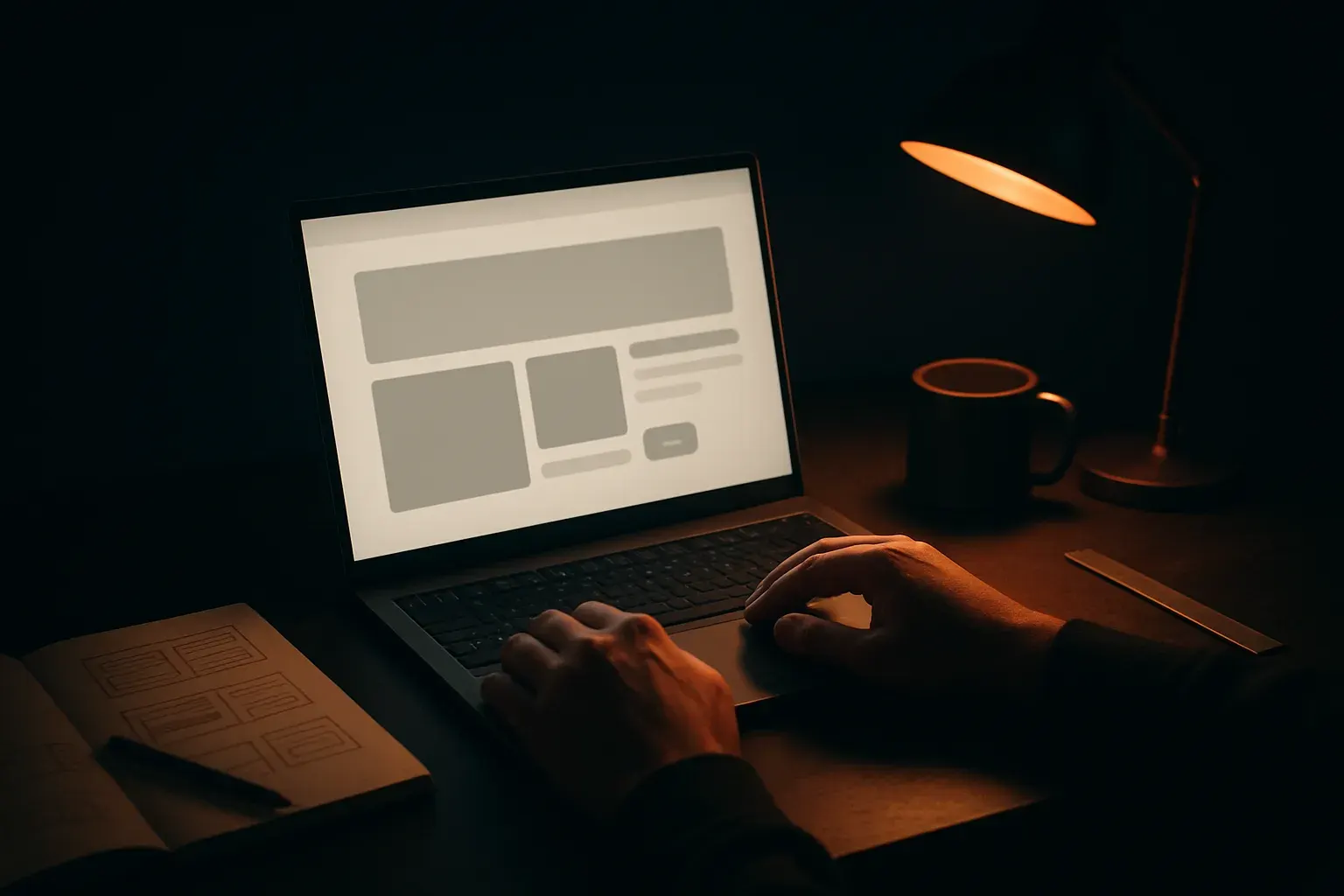 A dark desk lit by one lamp, hands on a laptop that shows a website interface.
