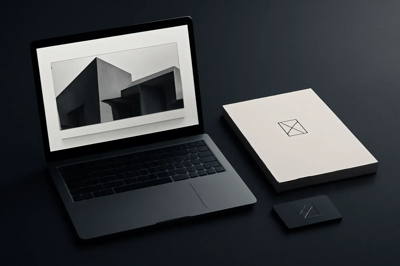 Concept mockup of an architecture practice logo and a portfolio page of project photographs.