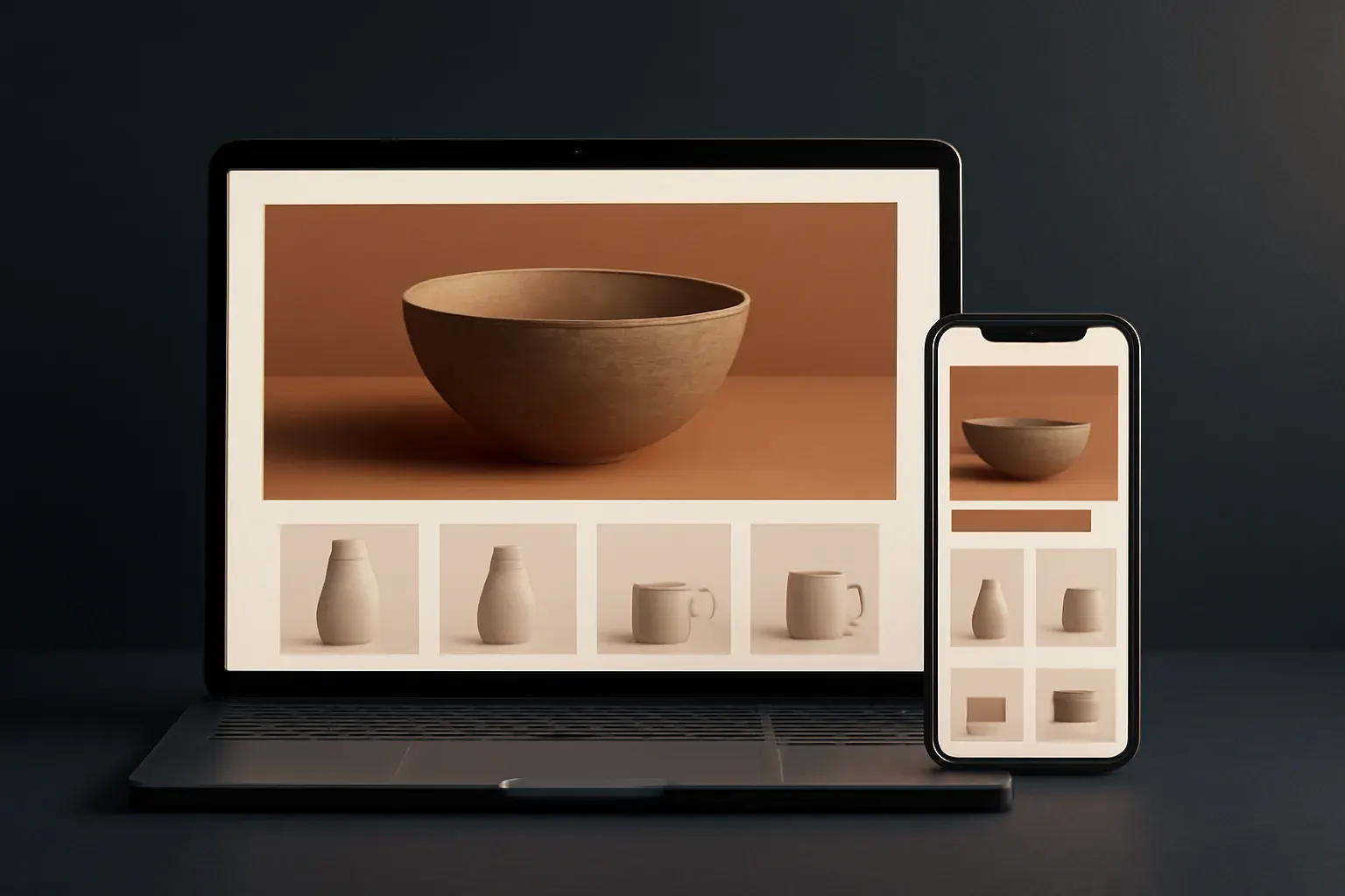 Concept mockup of an online ceramics shop: a product page on a laptop and a phone.